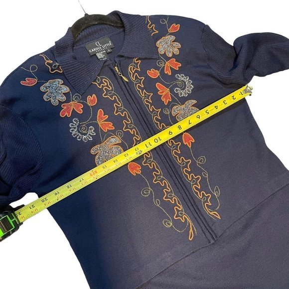 Carol Little Womens Sweater Dress Size large Vintage navy Embroidered Midi Wool - Picture 9 of 13